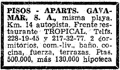 Anunci dels apartaments GAVAMAR de Gav Mar publicat al diari LA VANGUARDIA (23 de Mar de 1965)